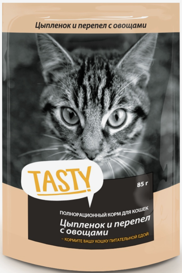 Консервы Tasty с цыпленком, перепелом и овощами для кошек паучи 85 г: ЖЕЛЕ
