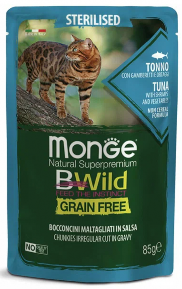 Влажный корм Monge Cat BWild GRAIN FREE паучи из тунца с креветками и овощами для стерилизованных кошек 85 г