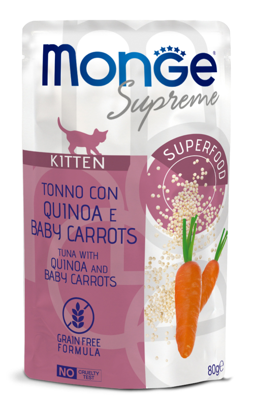 Влажный корм Monge Supreme kitten для котят из тунца с киноа и мини-морковью, паучи 80 г