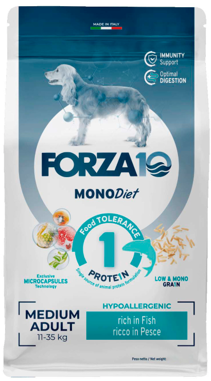Корм Forza10 MonoDiet Hypoallergenic Medium Fish для собак средних пород, при пищевой аллергии, гипоаллергенный, с рыбой, 1.5 кг