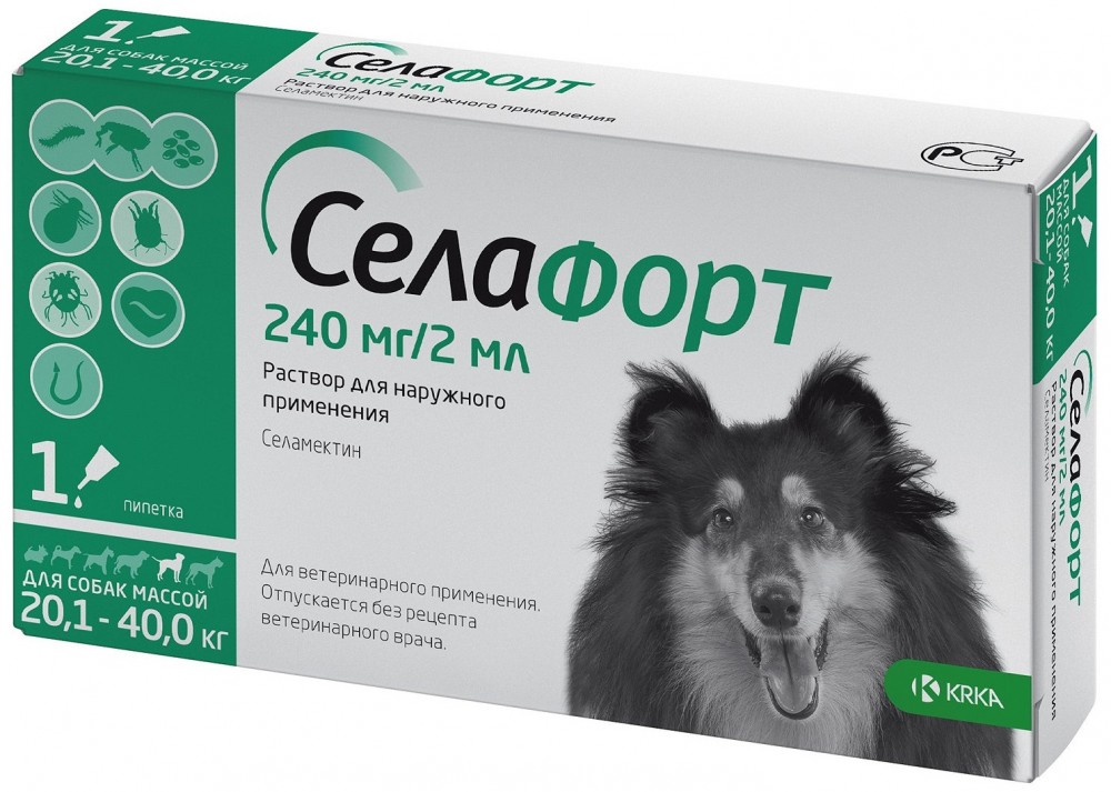 СелаФорт (KRKA) капли на холку для собак весом 20.1-40 кг, от блох, клещей, вшей и власоедов, 1 пипетка по 2 мл