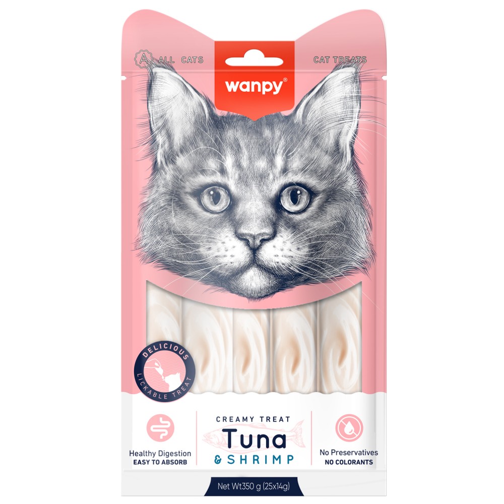 Wanpy Cat Лакомство для кошек "нежное пюре" из тунца и креветки 25 шт х14 г