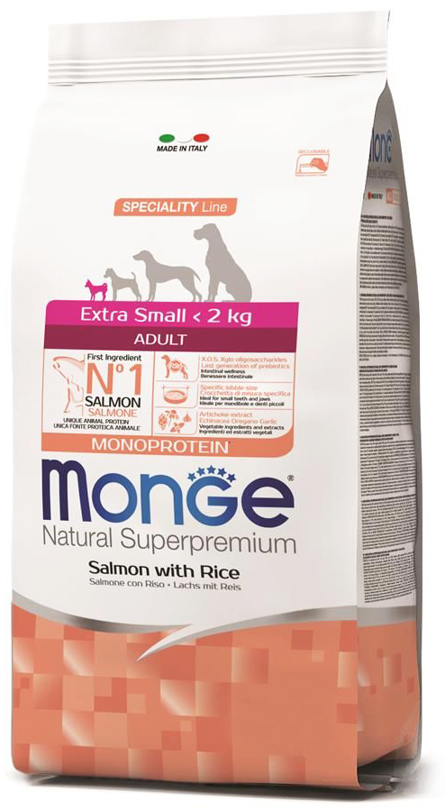 Корм Monge Dog Speciality Line Monoprotein Extra Mini для взрослых собак миниатюрных пород, из лосося с рисом  800 г