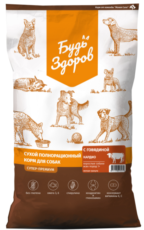 Корм Будь Здоров (Живая сила) Superpremium Кардио для собак, для поддержания сердечно-сосудистой системы, с говядиной, 10 кг