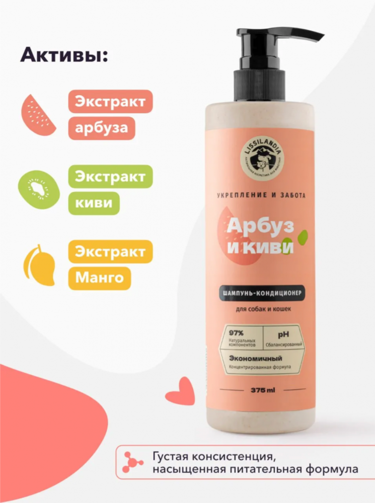 Шампунь-кондиционер Лиссиландия Арбуз киви очищающий для собак и кошек 375 мл